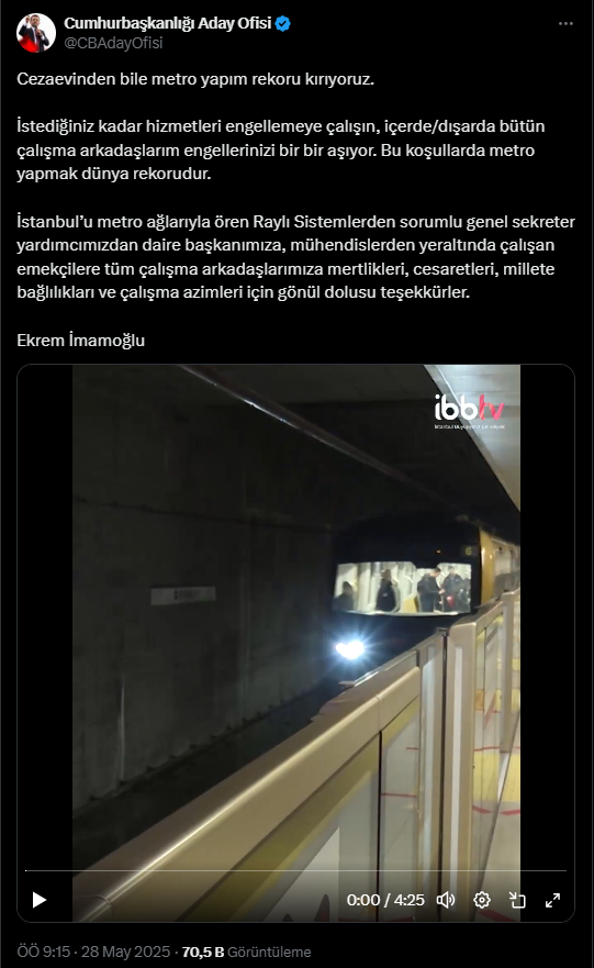Tutuklu Bulunan İmamoğlu'ndan Metro Rekoru Paylaşımı!