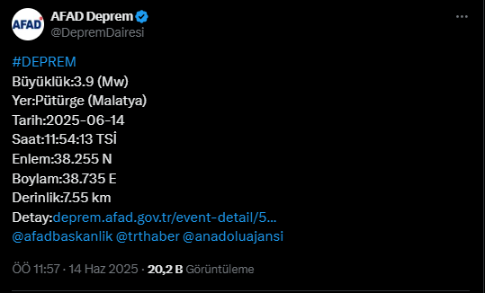 AFAD Duyurdu: Malatya’da 3.9 Büyüklüğünde Deprem!