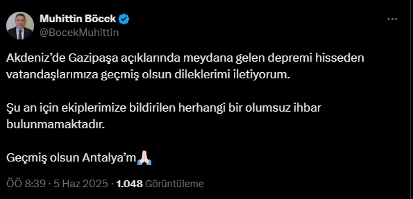 Antalya'da 4.0 Büyüklüğünde Deprem!