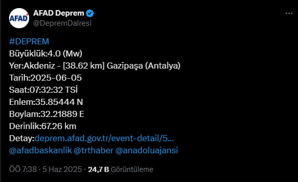 Antalya'da 4.0 Büyüklüğünde Deprem!