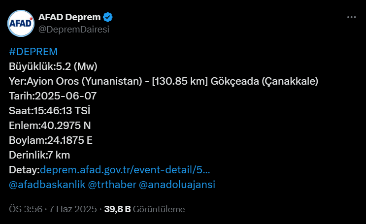 Çanakkale Gökçeada'da 5.2 Büyüklüğünde Deprem!