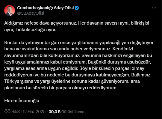 İmamoğlu Duruşmaya Katılmama Kararı Aldı