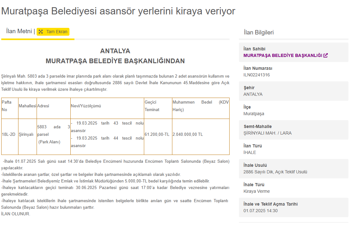 Muratpaşa Belediyesi Falezlerdeki “Kaçak Asansörü" İhaleye Açtı