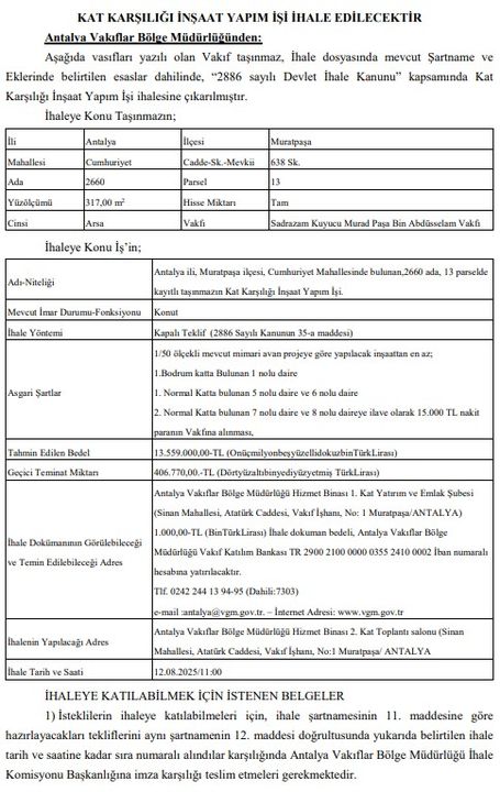 1 Antalya'da Kuyucu Murad Paşa Vakfı'nın Bir Taşınmazı Daha Satılıyor