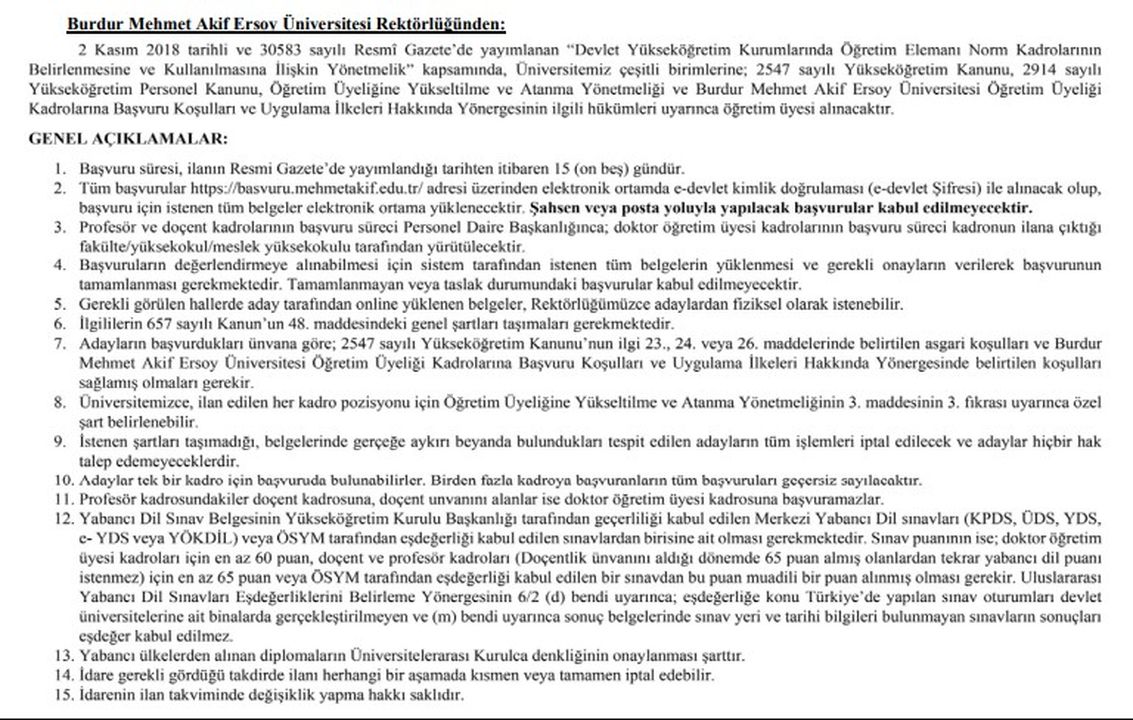1 Burdur Makü 49 Öğretim Üyesi Alacak! Kadro Listesi Ve Başvuru Şartları