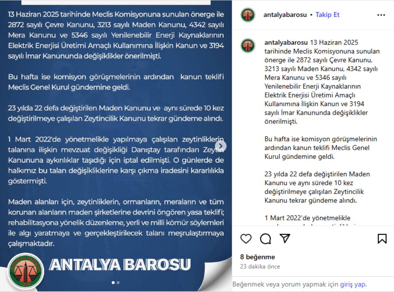 Antalya Barosu’ndan Maden ve Zeytincilik Kanunu Tepkisi