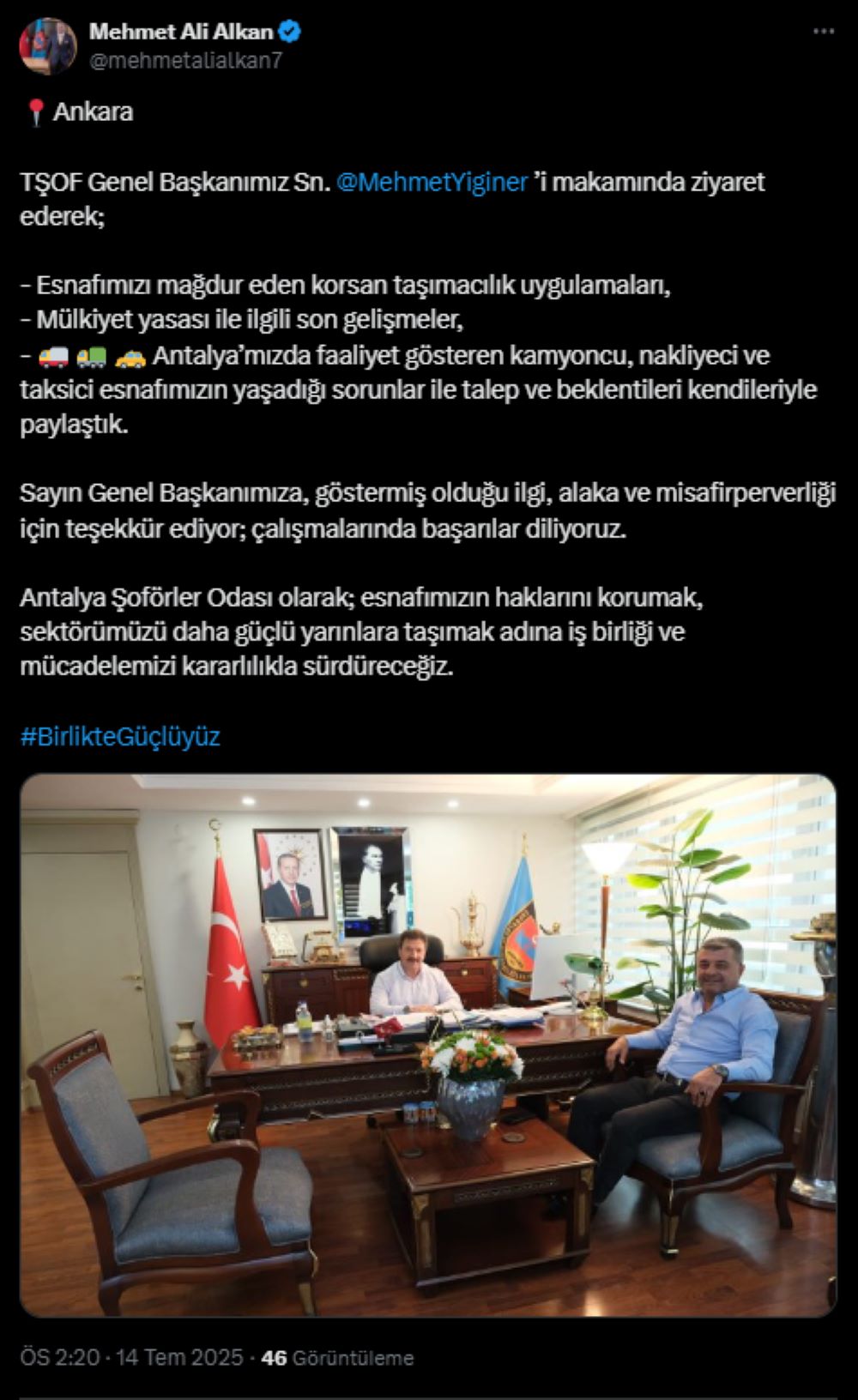 Antalya Şoförler Odası Alkan'dan Ankara'da TSOF'a Ziyaret