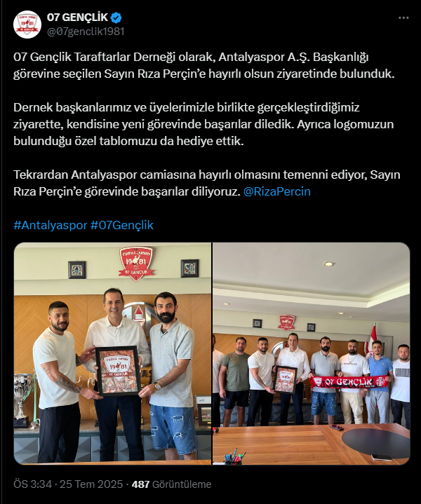 Antalyaspor Taraftarı 07 Gençlik'ten Yeni Başkan Perçin'e Ziyaret