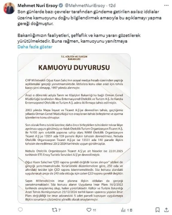 Bakan Ersoy’un Şirketi Kundu’daki Otel Projesinden Vazgeçmiyor! O Arazi İçin Çed Toplantısı Yapılacak 6