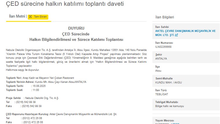 Bakan Ersoy’un Şirketi Kundu’daki Otel Projesinden Vazgeçmiyor! O Arazi İçin Çed Toplantısı Yapılacak 7