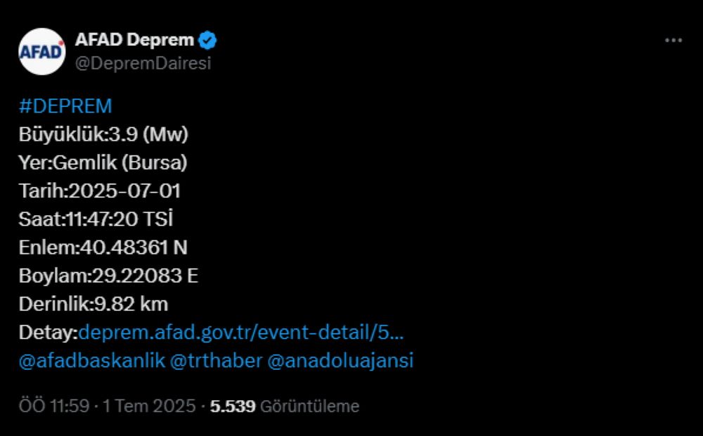 Bursa'da 3.9 Büyüklüğünde Deprem! İstanbul'dan Hissedildi