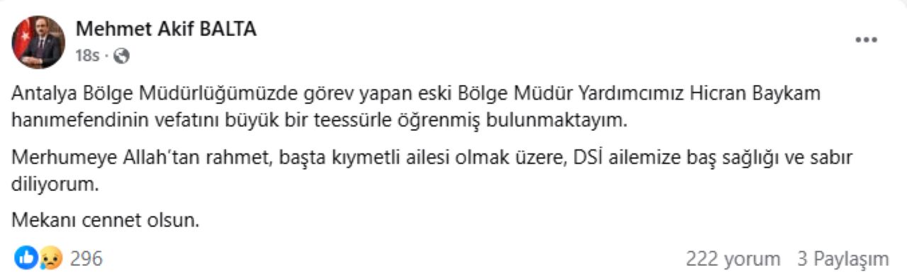 DSİ Eski Antalya Bölge Müdür Yardımcısı Hicran Baykam Hayatını Kaybetti