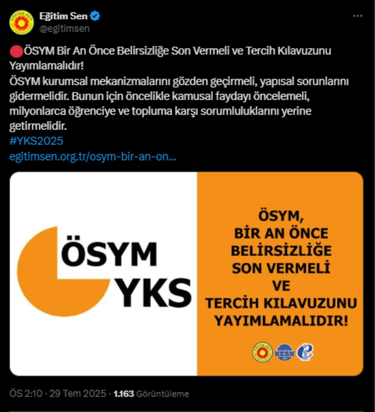 Eğitim Sen’den ÖSYM’ye YKS Tepkisi