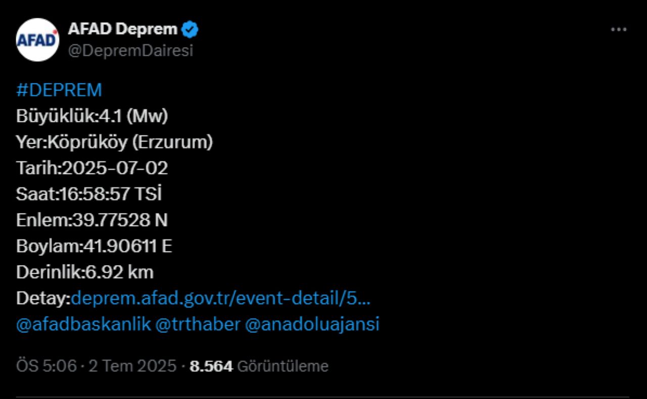 Erzurum'da 4.1 Büyüklüğünde Deprem!