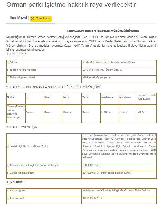 Kemer Ovacık Orman Parkı Yeniden İhaleye Çıkacak121