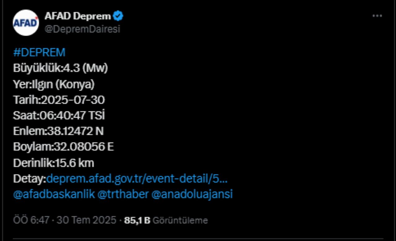 Konya Ilgın’da 4.3 Büyüklüğünde Deprem! AFAD Bölgede Çalışma Başlattı