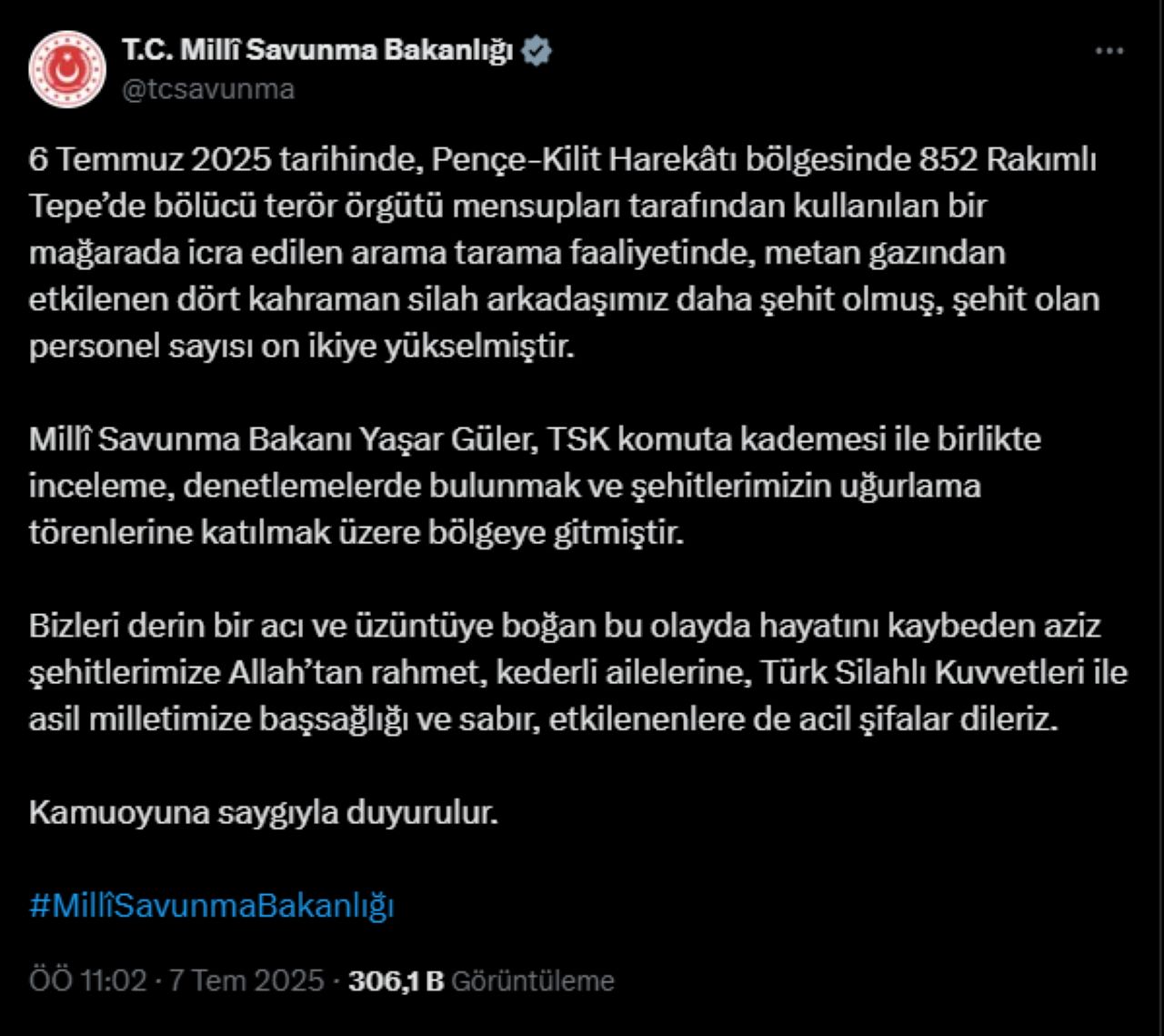MSB Acı Haberi Duyurdu: Şehit Sayısı 12’ye Yükseldi