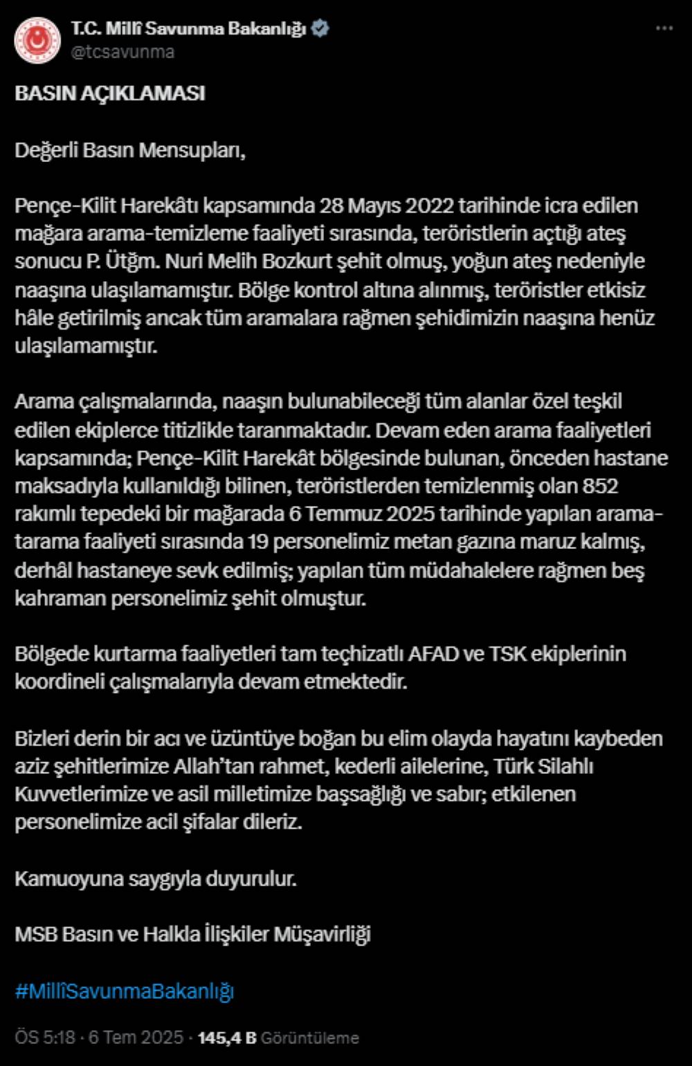 MSB'den Acı Haber: 5 Asker Metan Gazıyla Şehit Düştü