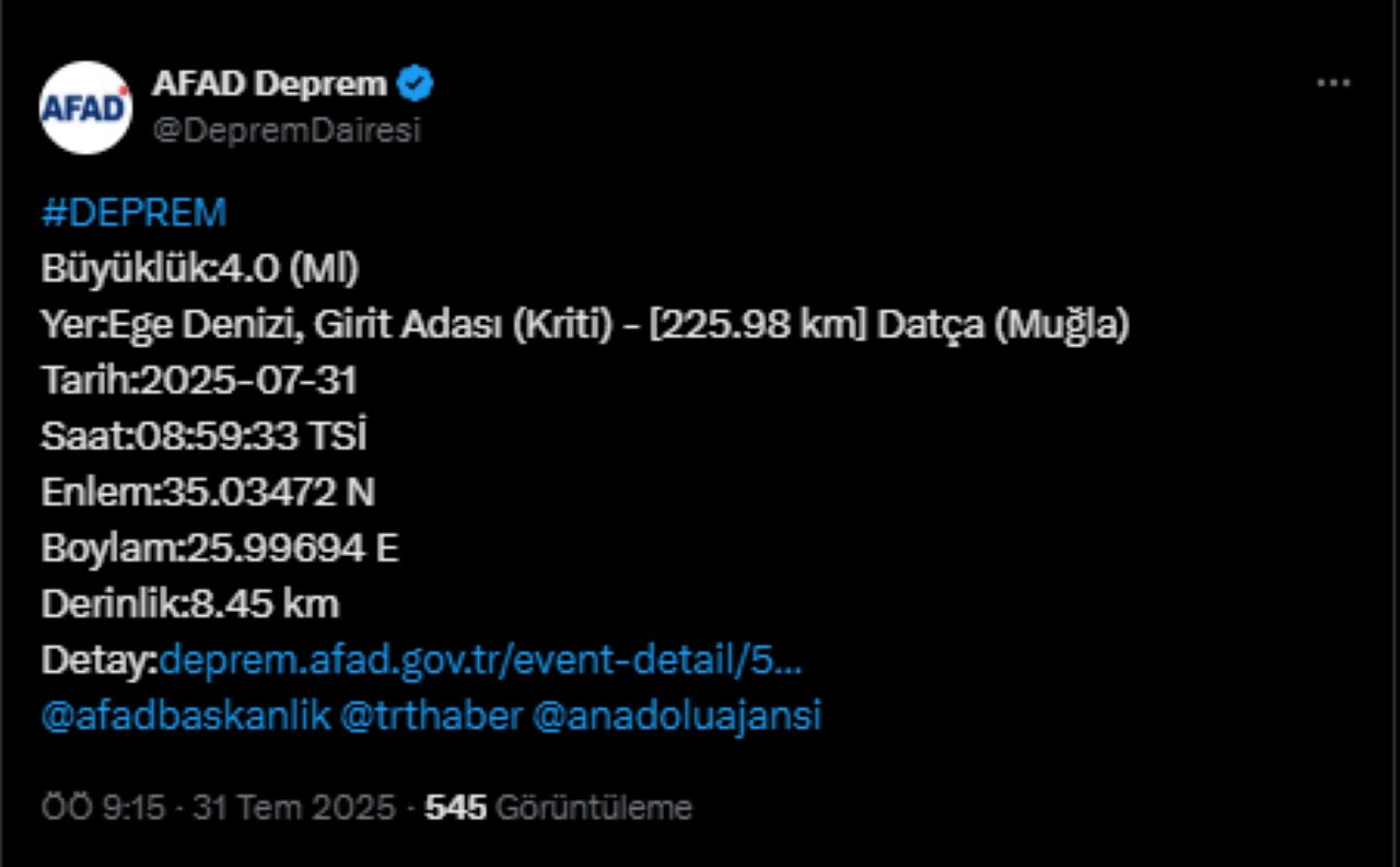 Muğla'da 4.0 Büyüklüğünde Deprem!