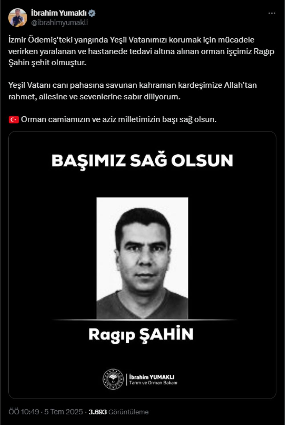 Ödemiş'teki Orman Yangınında Ragıp Şahin Şehit Oldu 