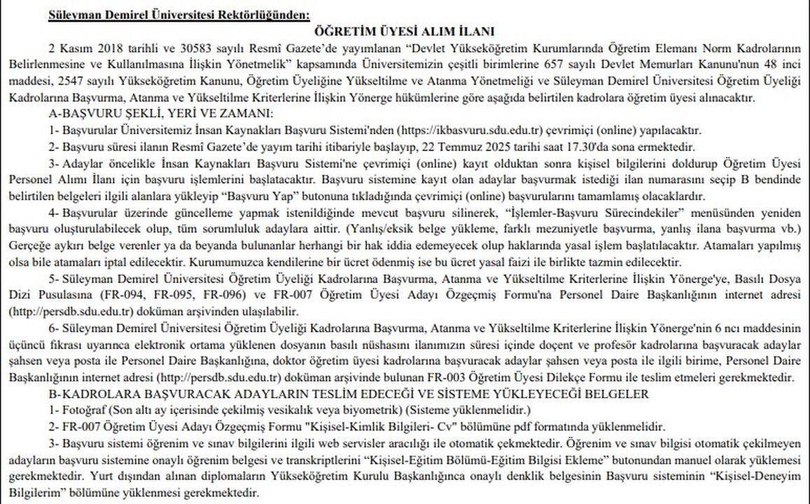 Süleyman Demirel Üniversitesi 24 Öğretim Üyesi Alacak! Başvurular Açıldı1 Süleyman Demirel Üniversitesi 24 Öğretim Üyesi Alacak! Başvurular Açıldı