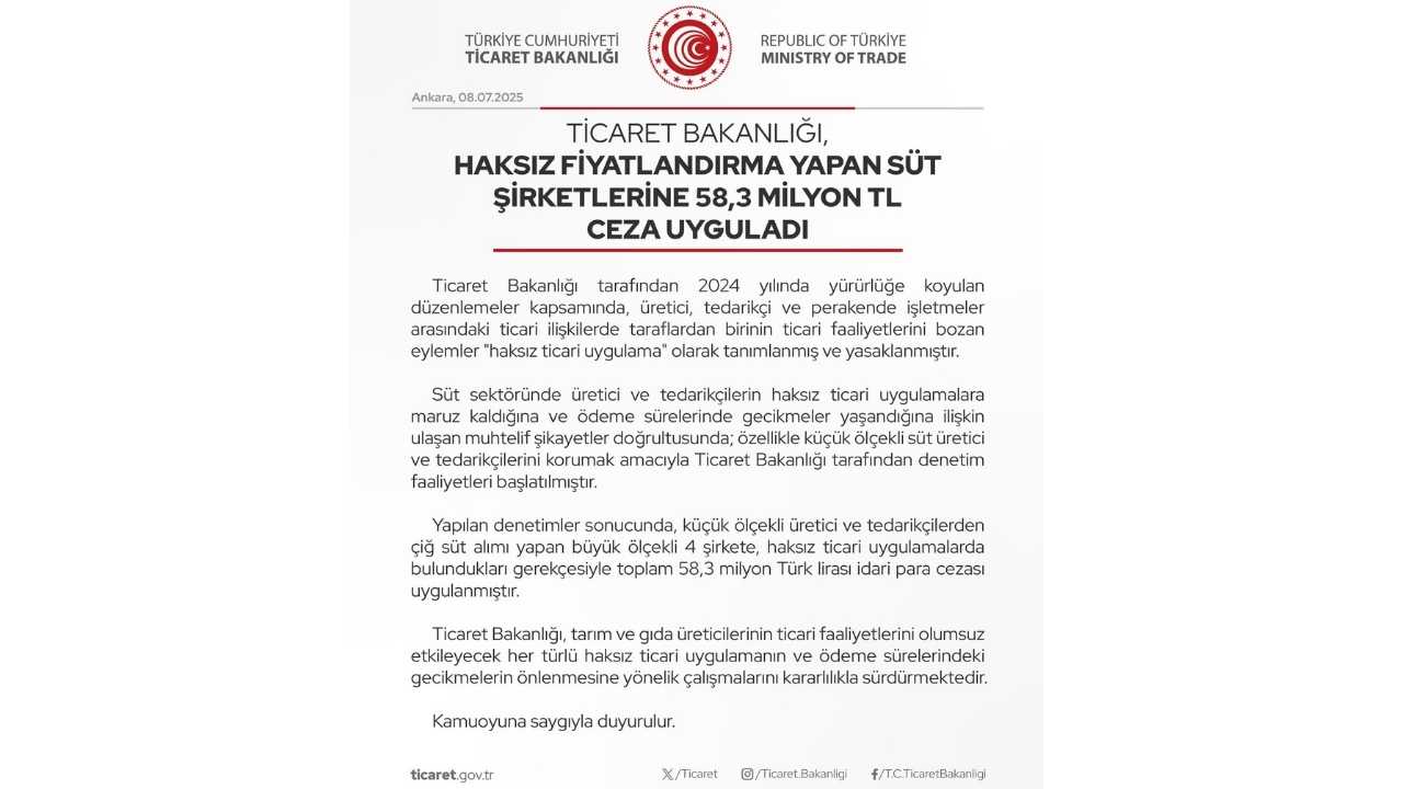 Ticaret Bakanlığı'ndan Süt Sektörüne Büyük Ceza 2
