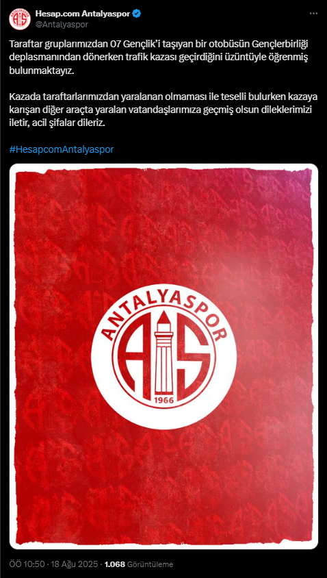 Antalyaspor'dan Kaza Yapan 07 Gençlik'e Geçmiş Olsun Mesajı!