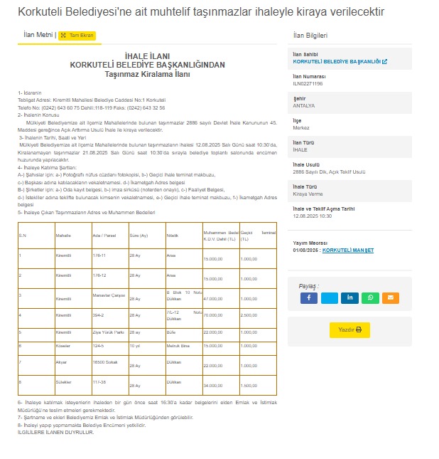 Korkuteli Belediyesi’nden Kiralık Dükkan Ve Arsalar İhalede12