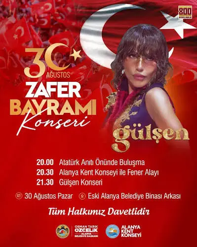 30 Ağustos Zafer Bayramı'nda düzenlenecek Fener Alayı ve Gülşen konseri  sizlerle. 📍 Alanya - Eski Belediye Sarayı Arkası / Antalya 📆 30 Ağustos  2026 🎫 Ücretsiz #gülşen #alanya #antalya #antalyakonsertakvimi  #30ağustoszaferbayramı ...